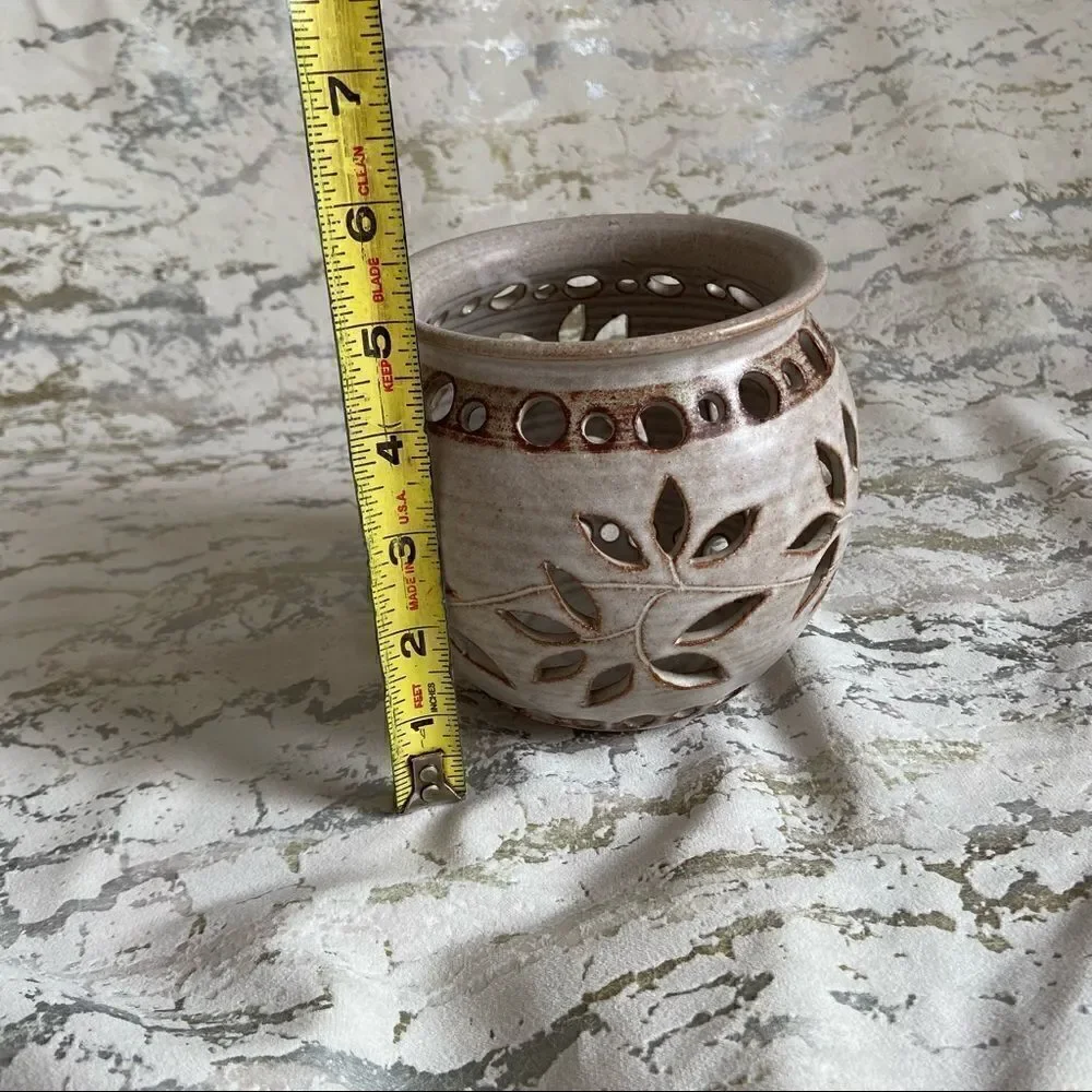 Vintage Hand glazed Pottery Signed Floral Cutout